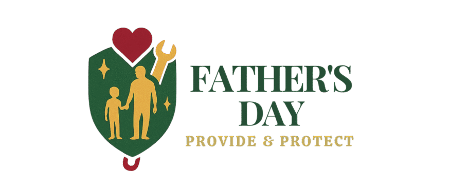 Shield with parent and child silhouettes, red heart, and golden wrench icon