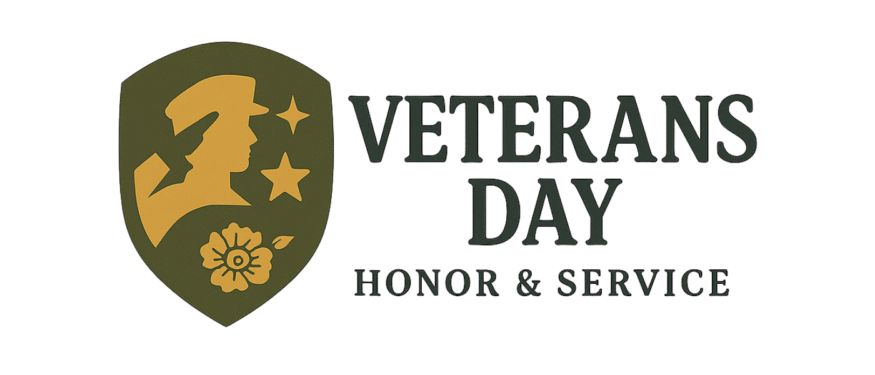 Shield emblem with soldier silhouette, stars, and remembrance flower